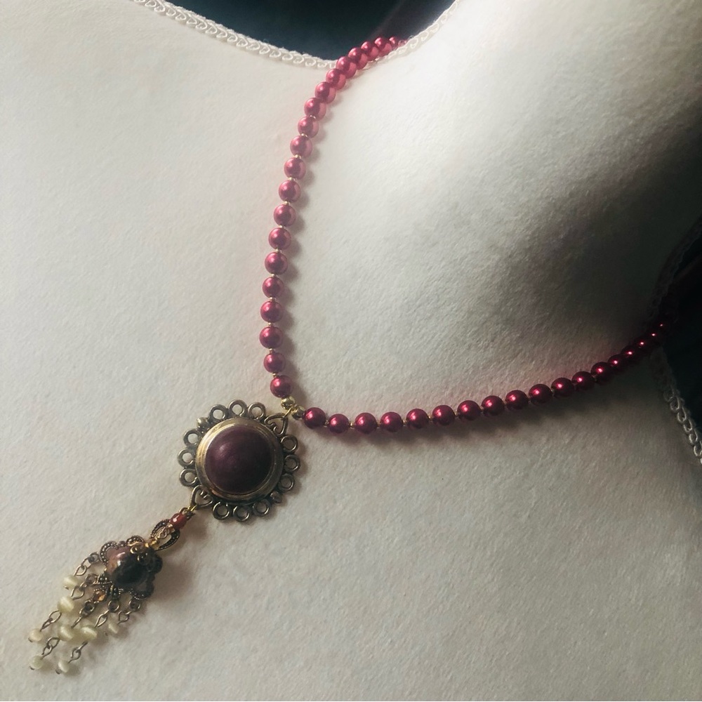 Handcrafted repurpose enamel sunburst chandelier Czech glass Pearl necklace